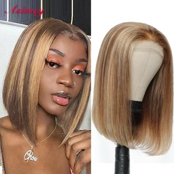 Asimey 13X4 Hightlight Wig Human Hair Short Straight Bob Wigs Lace Front 180 Density Remy Preplucked P4/27 Color Ombre For Women