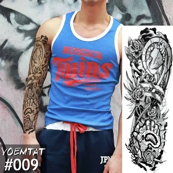 

New 1 Piece Temporary Tattoo Sticker Clock machinery Full Flower Tattoo with Arm Body Art Big Large Fake Tattoo Sticker