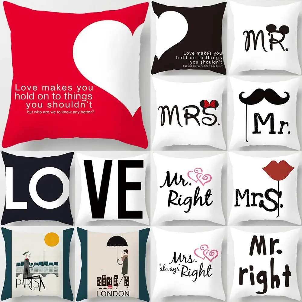 

Pillow case 45 * 45 MRSMR/LOVE couple pattern printed polyester pillowcase Square decorative pillowcase