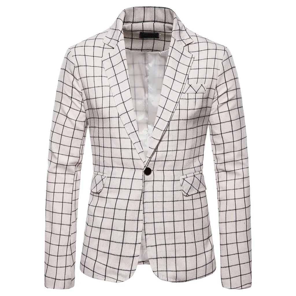 Мужской Клетчатый Блейзер Модный стильный мужской Блейзер пиджак деловой Повседневный пиджак на одной пуговице для мужчин обычный Abrigo Hombre - Цвет: white