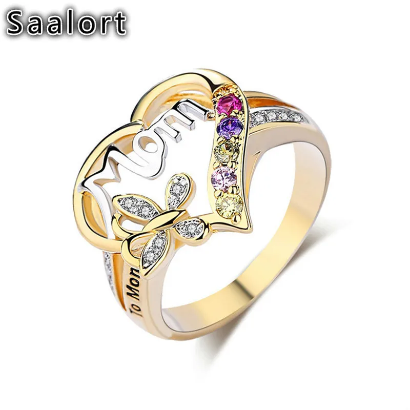 

Exquisite Mother's Day Gift Hollow Design Heart Shaped Butterfly Colored Crystal Ring Ladies Mother Love Jewelry