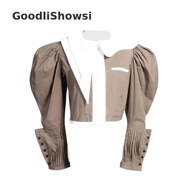 GoodliShowsi, весна, Ретро стиль, пышная Блузка цвета хаки, необычная, Круглый ворот, модная, английский стиль, женская короткая рубашка