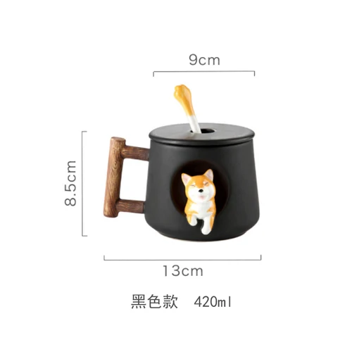 Cute Cartoon Animal Shiba Inu Ceramic Mug Creative Men and Women Couple with Lid Spoon Drinking Water Coffee Cup - Цвет: black