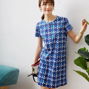 

New plaid mercerized cotton T shirt round neck short sleeve casual dress women s summer dress 2020