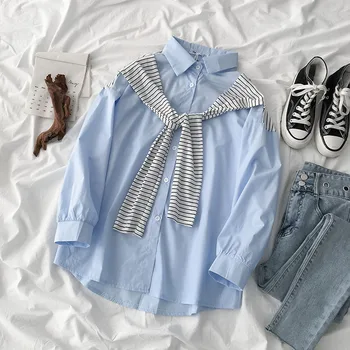 

Fashion Design False Two Pieces Patchwork Women Shirts Autumn New Long-Sleeved Loose Casual All Match Lady Outwear Tops