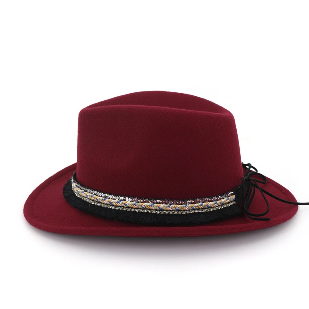 Мужская Женская шерстяная ковбойская шляпа Weatern с бахрома на ленте Sombrero Hombre широкий джазования с полями шляпа размер 56-58 см