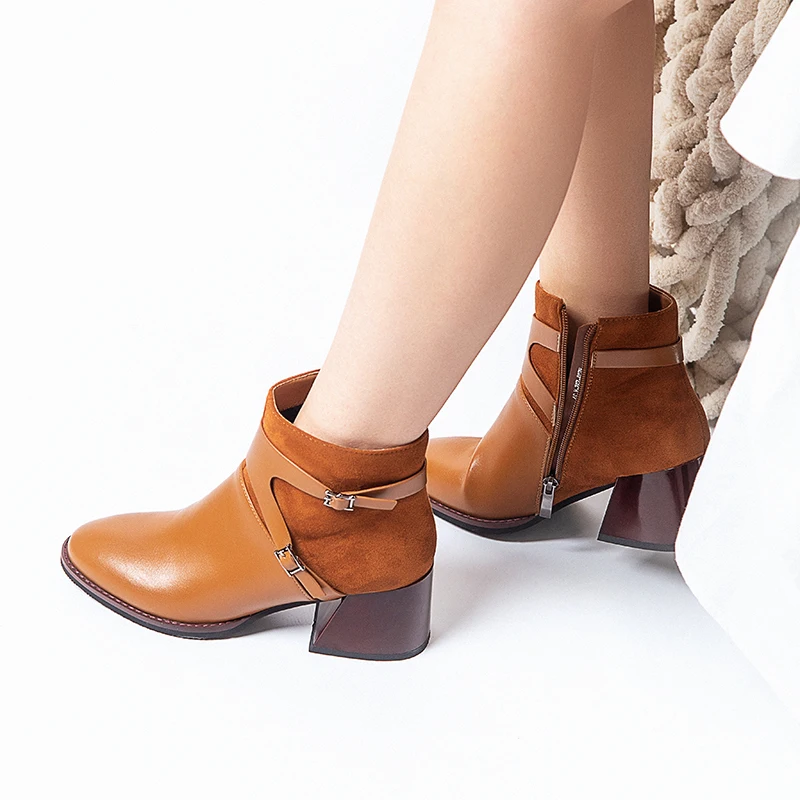 Best 2019 Winter Black Brown Women Ankle Boots Western Cowboy Pointed Toe 4CM Block High Heels Shoes Ladies Booties Zapatos De Mujer