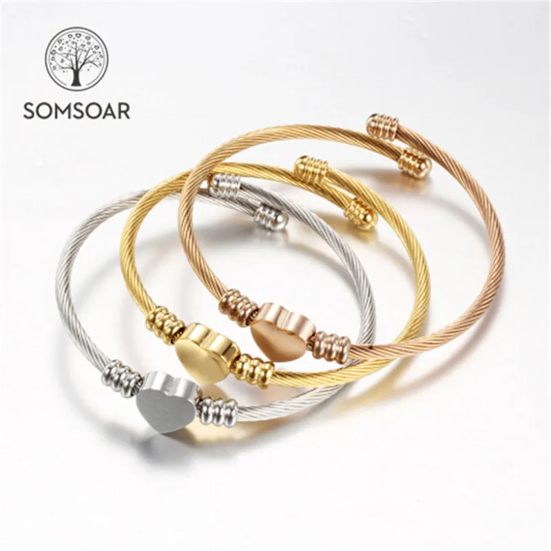 

Somsoar Jewelry cable Stainless steel Bangle with Heart Charms can Laser logo name date as your best gift 10pcs/lot