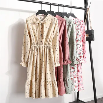 

New 2020 High Elastic Waist Corduroy Vintage Dress A-line Women Full Sleeve Floral Print Dresses Slim Feminino Bow Neck