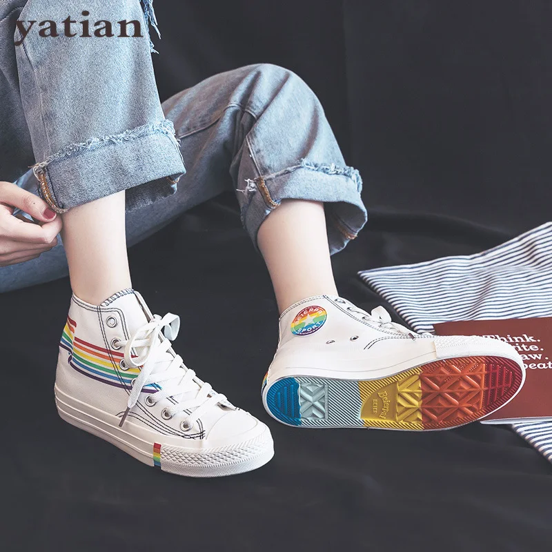 

Women Rainbow Shoes High Up Lacing Girls White Sneakers Colorful 2019 New Students Casual Shoes Zapatillas Lona Mujer G-32