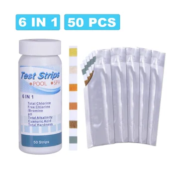 

6-in-1 Swimming Pool Test Paper Residual Chlorine PH Value Alkalinity Hardness Test Strip A Bottle of 50