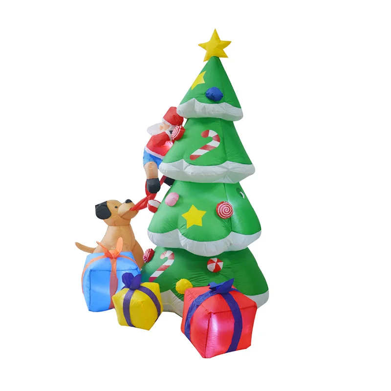 

210cm LED Lighted Giant Inflatable Christmas Santa Claus Climbing on Christmas Tree Chased by Dog and Giftbox Decoration