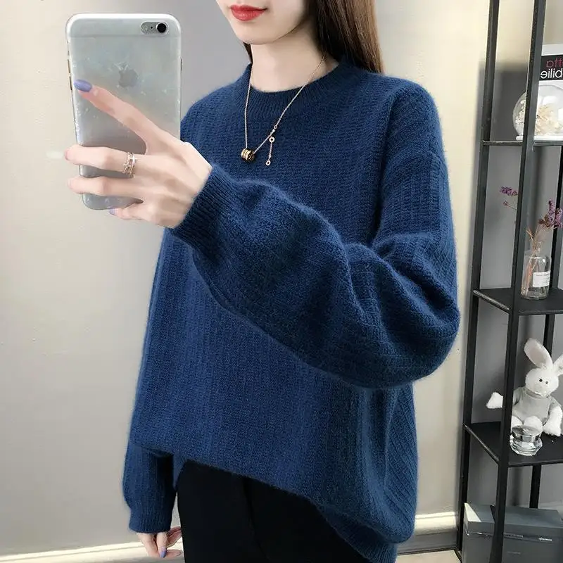 

Autumn and winter 2020 new Korean version of solid color round neck pullover sweater ladies loose sweater women's top base shirt