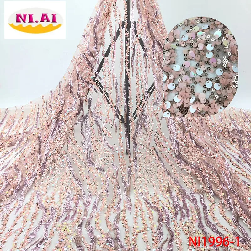 

NIAI 2019 New Designs African Lace Fabric High Quality Lace Material French Embroidered Tulle Lace Fabric With Sequins NI1996-1