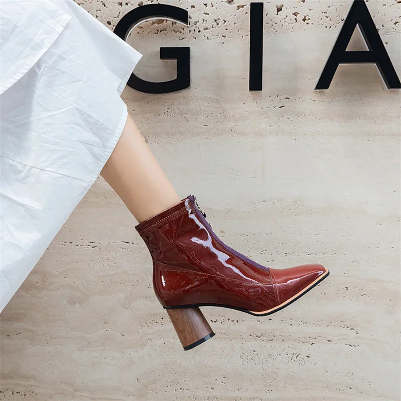 FEDONAS Concise High Heels Cow patent leather Chelsea Boots Winter Women Zipper Ankle Boots Big Size Night Club Shoes Woman