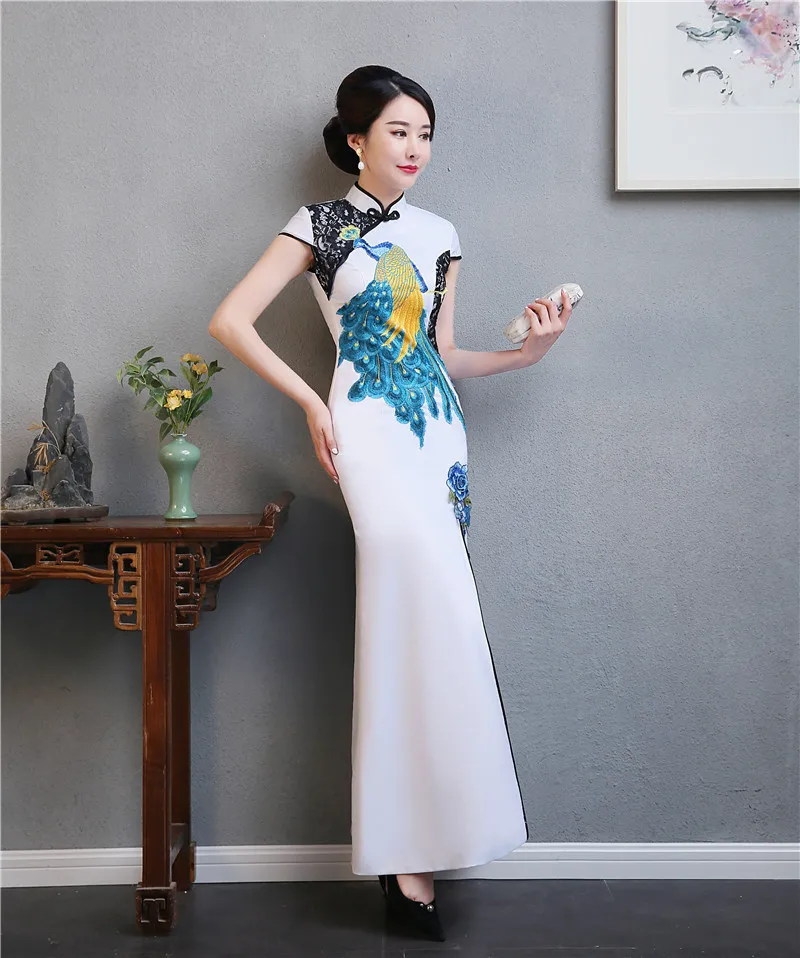Модное Элегантное платье Cheongsam с вышивкой, белое длинное китайское традиционное платье, Восточное Qi Pao размера плюс, женская одежда