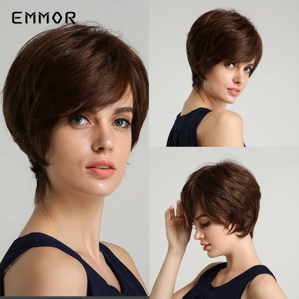 EMMOR синтетические 6 дюймов короткие 50% человеческие волосы парики с челкой
