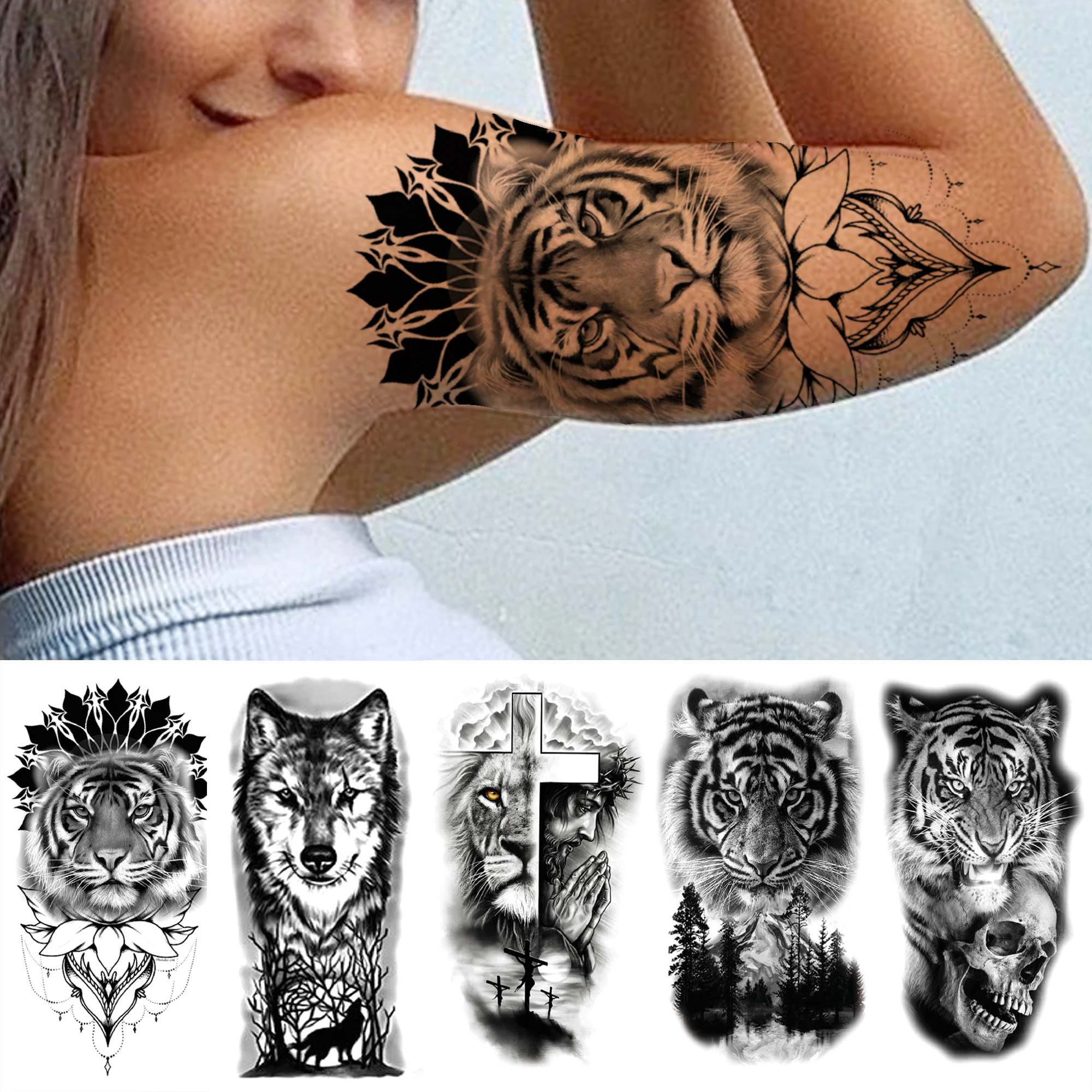 Tatouage Tigre Femme Bras Tatouage Temporaire En Diamant Tribal Tigre, Pour Femmes Et Hommes,  Autocollant Croix Lion Crâne, Loup Noir, Faux Animal De La Forêt, Tatouage  Avant-bras - Temporaire Tatouages - AliExpress