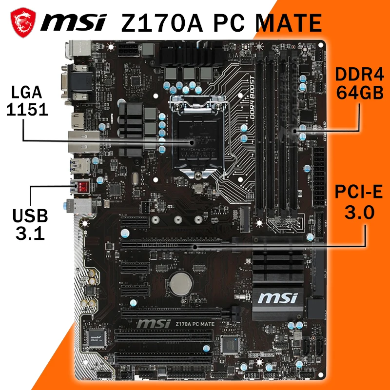 LGA 1151 MSI Z170A PC Motherboard Core i7/i5/i3/ DDR4 PCI-E 3.0 M.2 SSD Intel Z170 Placa-mãe 1151 ATX - AliExpress