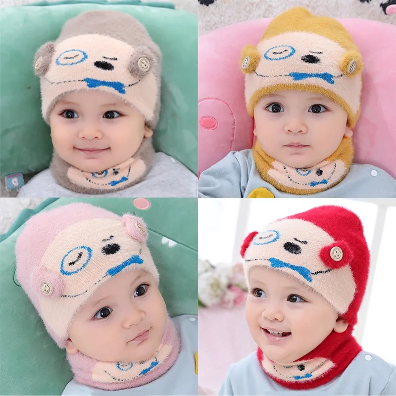Зимние милые теплые детские шапки для новорожденных девочек и мальчиков, вязаные шапки с принтом героев мультфильмов, новые шарфы с воротником