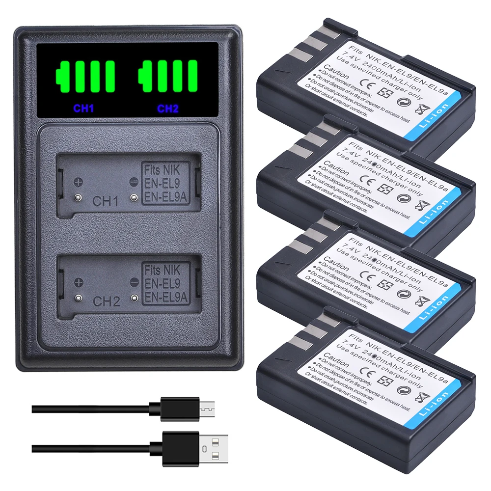 2pcs EN-EL9 EN-EL9A EN EL9 EL9A ENEL9 Batteries + LED Dual Charger for Nikon D40 D40X D60 D3000 D5000 Digital Camera lcd camera