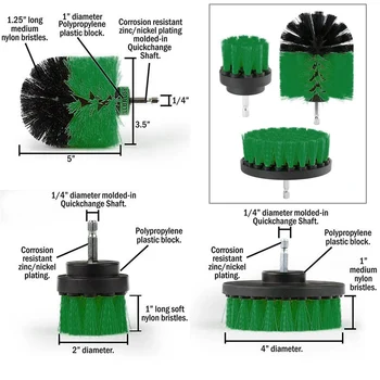 

Bristle Drill Brush Nylon Green Shaft 3pcs Set Kit Assortment Cleaning Tool Accessory Parts