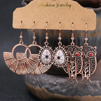 

Vintage Earrings Set Women's Boho Rose Gold Semicircle Owl Metal Earrings Shell Leaf Tibetan Jewelry Oorbellen