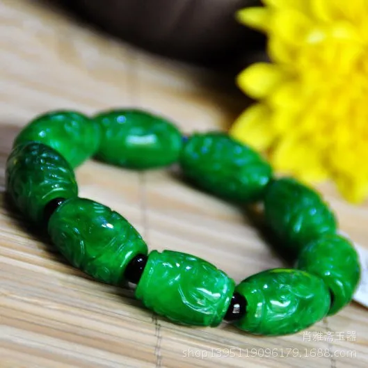 Настоящий зеленый нефрит жадеит браслет handmad 7A изумруд ручной резной узор цветок нефрит браслет зеленый браслет бусины браслеты
