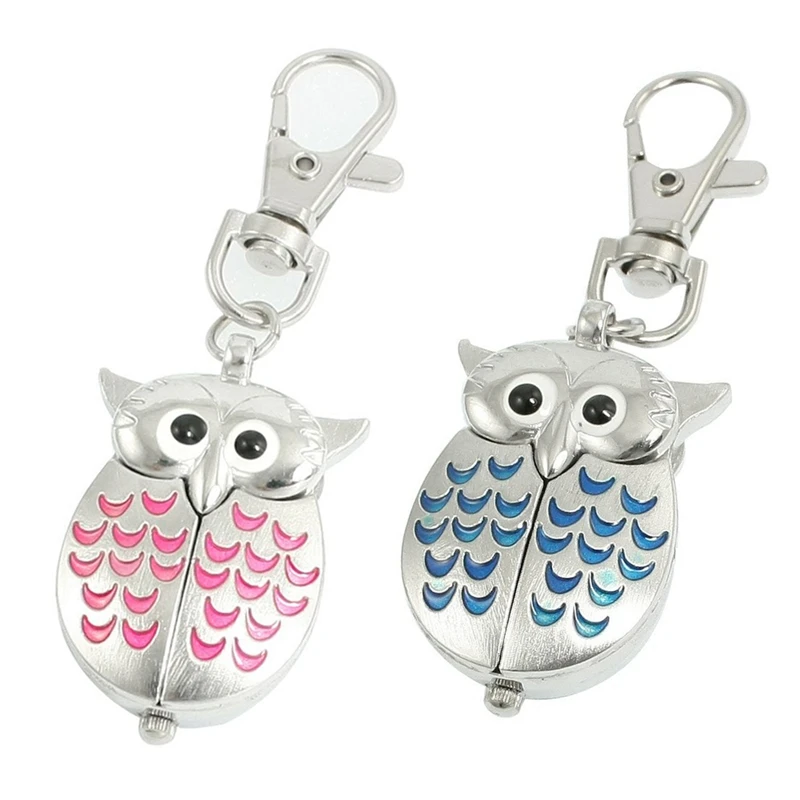 

2 Pcs Key Ring Watch : 1 Pcs Silver Blue Lobster Clasp Metal Owl Shape Quartz Watch & 1 Pcs Silver Tone Pink Metal Owl Pendant K