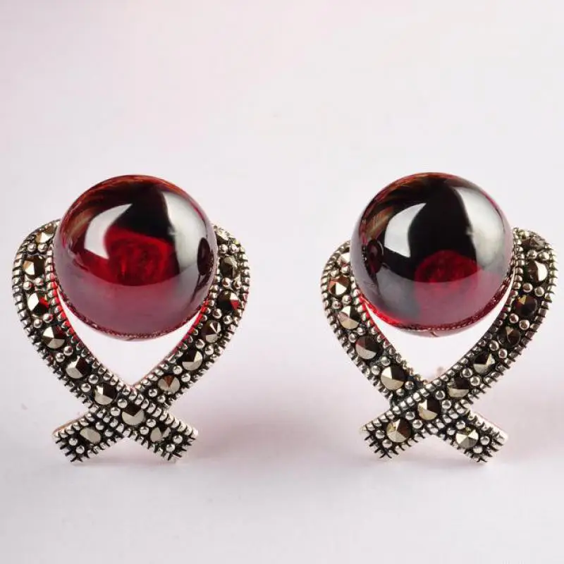 Red 925 пробы серебряные серьги для женщин инкрустированные черные круглые бусины из оникса винтаж марказит крест дизайн ювелирные украшения - Цвет камня: Red