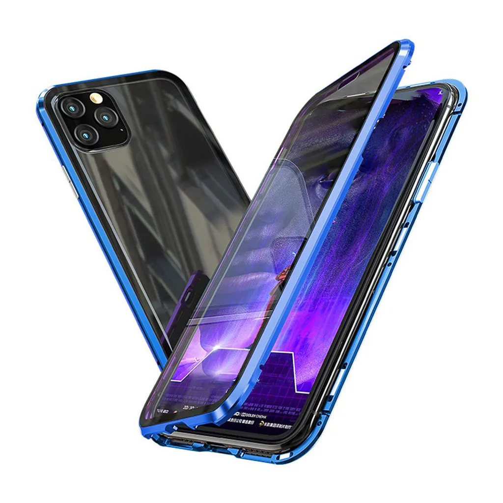 Глянцевый чехол для iPhone 11 11 Pro 11 Pro max 6,1 5,8 6,5 дюйма с магнитной адсорбцией, металлический бампер, стеклянный чехол - Цвет: Синий