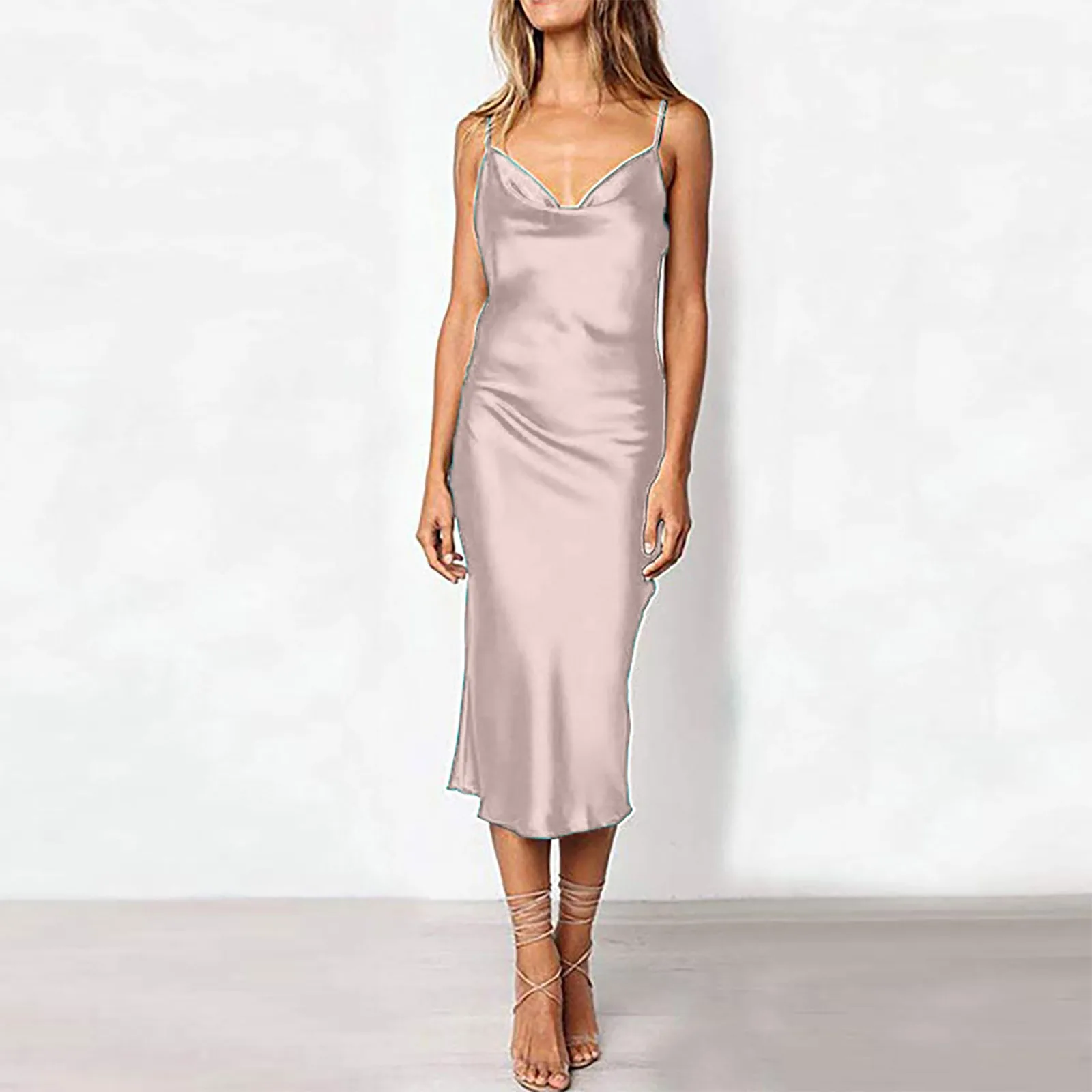 New Sexy Solid Color Dresses For Women Simulation Silk Slim Dress V-neck Banquet Halter Long Camisole Dress Party Vestido Mujer 1