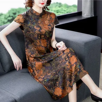 

2020 Summer Vintage Style Women Casual Middle Aged Women Long Dress Silk Chinese Style Print Plus Size 3xl Ladies Dresses