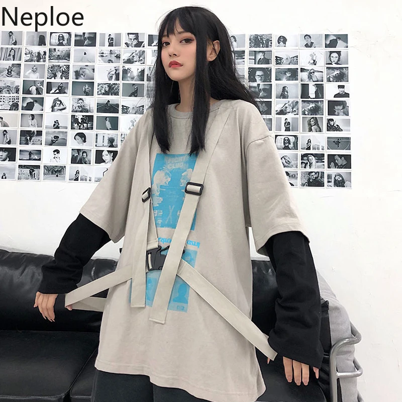 Neploe/ осень-весна, дизайн, Unsiex, имитация двух частей, футболка с круглым вырезом, Лоскутная, длинный рукав, футболки, шнуровка, любовь, повседневный Топ Ins