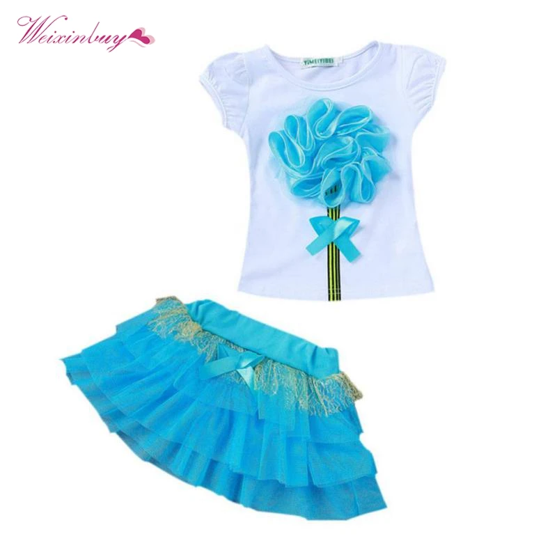 

2PCS Baby Kids Girls Cloth Set Toddler Princess Party Flower T-Shirt+Tulle Tutu Skirt 4 Colors Hot Selling