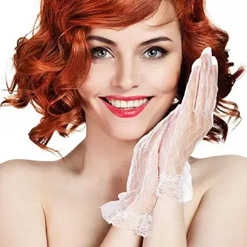 

Gloves Elegant Tulle White Ivory Lace Finger Short Gloves Black Red Wrist Length Dress Accessories