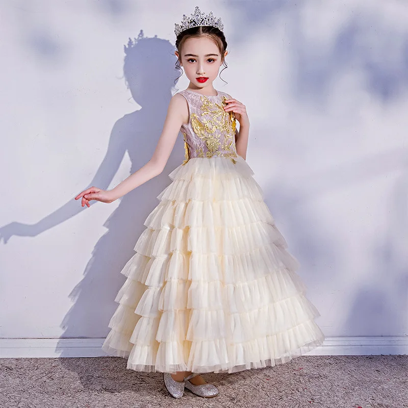 Catwalk Host Communion Costumes Long Layered Girl Dress Prom Champagne Luxury Evening Birthday Party Children Cute Floral |