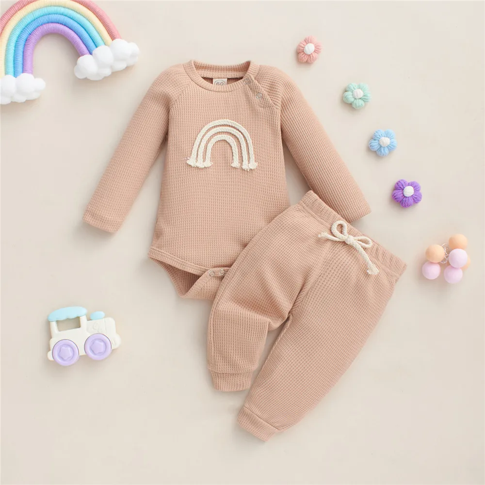 Baby Boy Girls 2Pcs Outfits Toddler Rainbow Print Waffle Knitted Long Sleeve Rompers Pants Newborn Infant Spring Autumn Clothes baby dress set for girl Baby Clothing Set