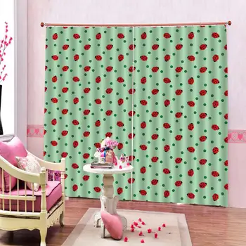

Cartoon Cute Beetle Ladybird Polyester Fabric Curtain With Green dots Print Decor For Living room bedroom Blackout Window Drapes