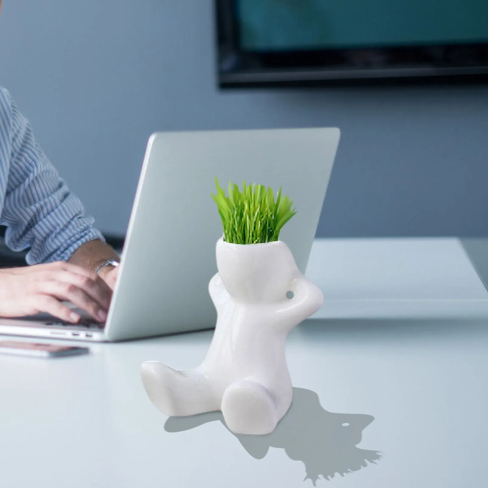 Novel Cute Bonsai Head Grass Doll Hair White Lazy Man Rely Plant Garden Diy Mini Tree Dollgrass Pot Ceramic Plant Garden #T1P