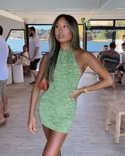 FSDA-minivestido verde con espalda descubierta para mujer, vestido playero con cuello Halter sin mangas y hombros descubiertos, vestido de punto Sexy para fiesta de verano 2021