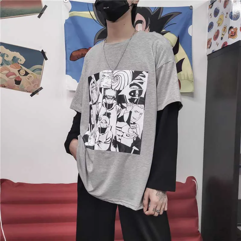 Harajuku style loose Anime Naruto print fake two piece patchwork hoodies Autumn long sleeve pullover Sweatshirt women men - Цвет: Серый