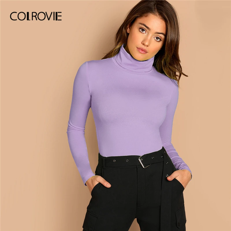 

COLROVIE Purple High Neck Form Fitted Tee Women Long Sleeve Solid Casual Tees 2019 Fall Slim Elegant Minimalist Pullover Tops
