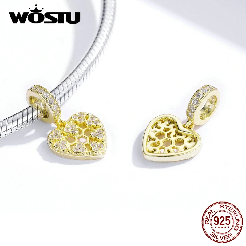 WOSTU 925 пробы серебро пчелиные соты золотые бусины Циркон сердечными амулетами, подходят к оригинальному браслету, Цепочки и ожерелья Серебряные ювелирные изделия CQC1410