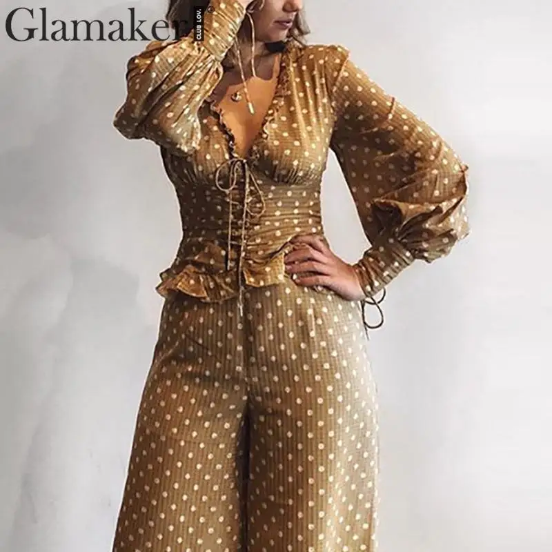 Glamaker/винтажная шелковая атласная блузка в горошек с v-образным вырезом и длинными рукавами, женские топы, Новая женская блузка со шнуровкой, рубашки feminina