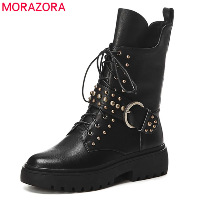 

MORAZORA 2020 new arrival women ankle boots genuine leather shoes lace up rivet square heels platform boots punk shoes woman