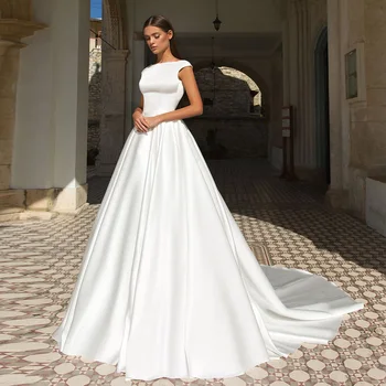 

Simple A-line Satin Wedding Dresses Cap Sleeve Scoop Neck Backless Sweep Train Robe De Mariee Wedding Dress 2020