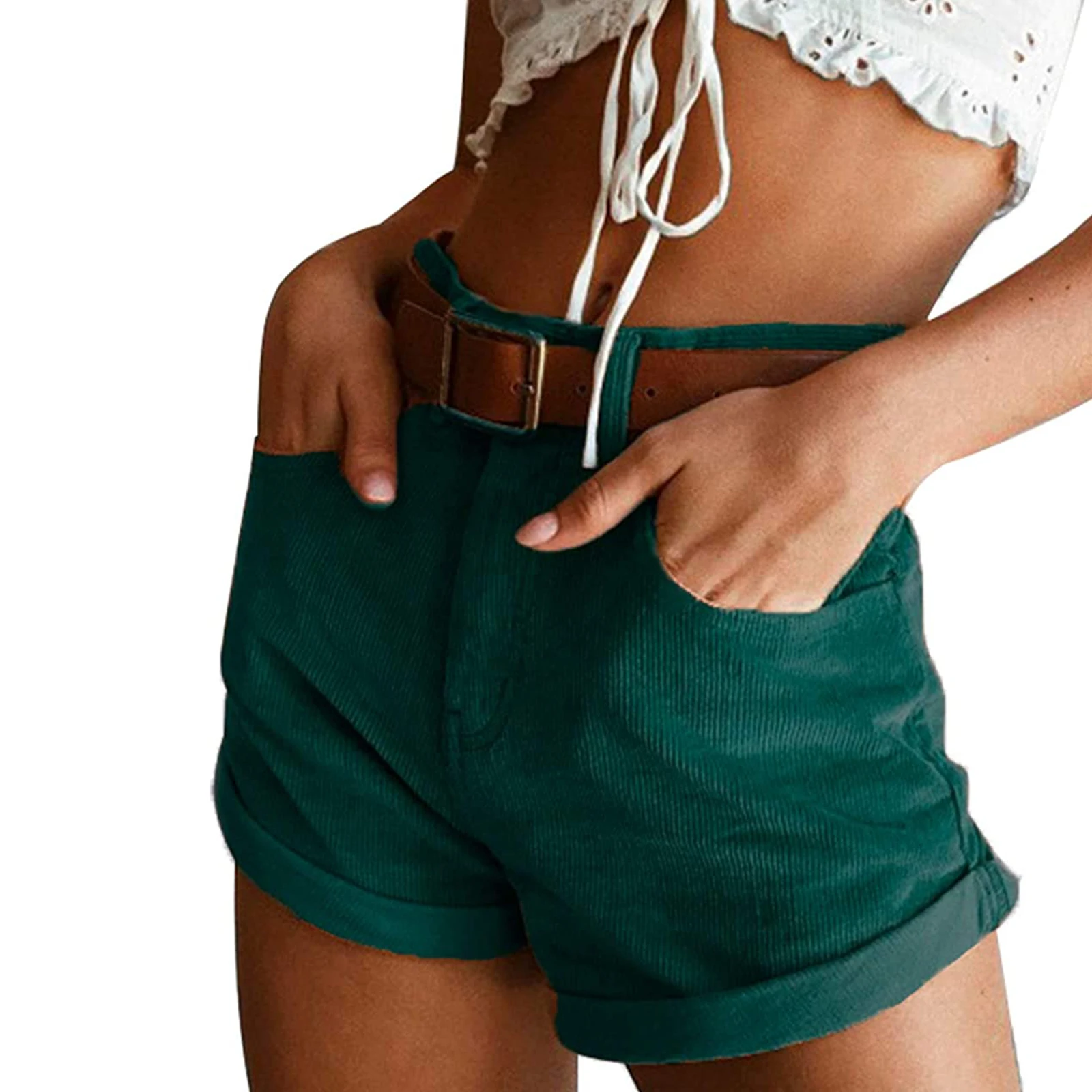 Women Sexy Solid Color Stretch Pants Tight High Waist Short Bottom Casual Brown Corduroy Curling Clothing Female Straight Short soffe shorts Shorts