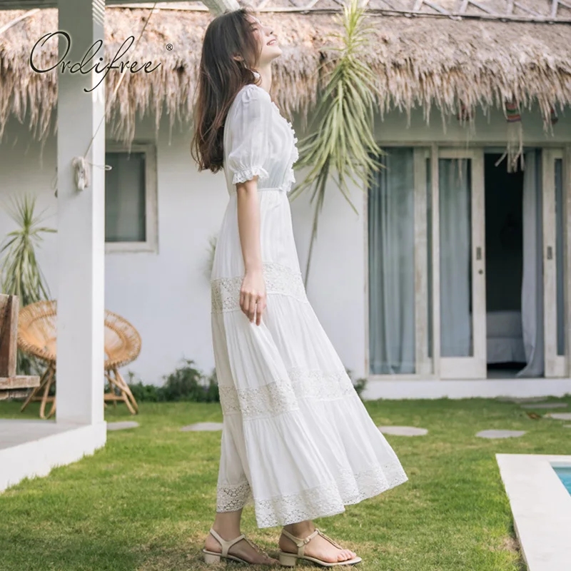 Ordifree летнее Boho женское Макси платье богемное белое кружевное хлопковое длинное пляжное платье-туника праздничная одежда