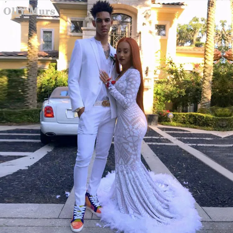 Long Elegant Prom Dresses Sexy Mermaid V-neck Long Sleeve Sequin African Feather White Ladies Prom Dress
